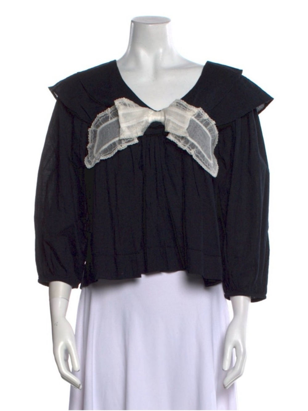 THE GREAT. NAVY Peasant Blouse with Cream Lace Bow